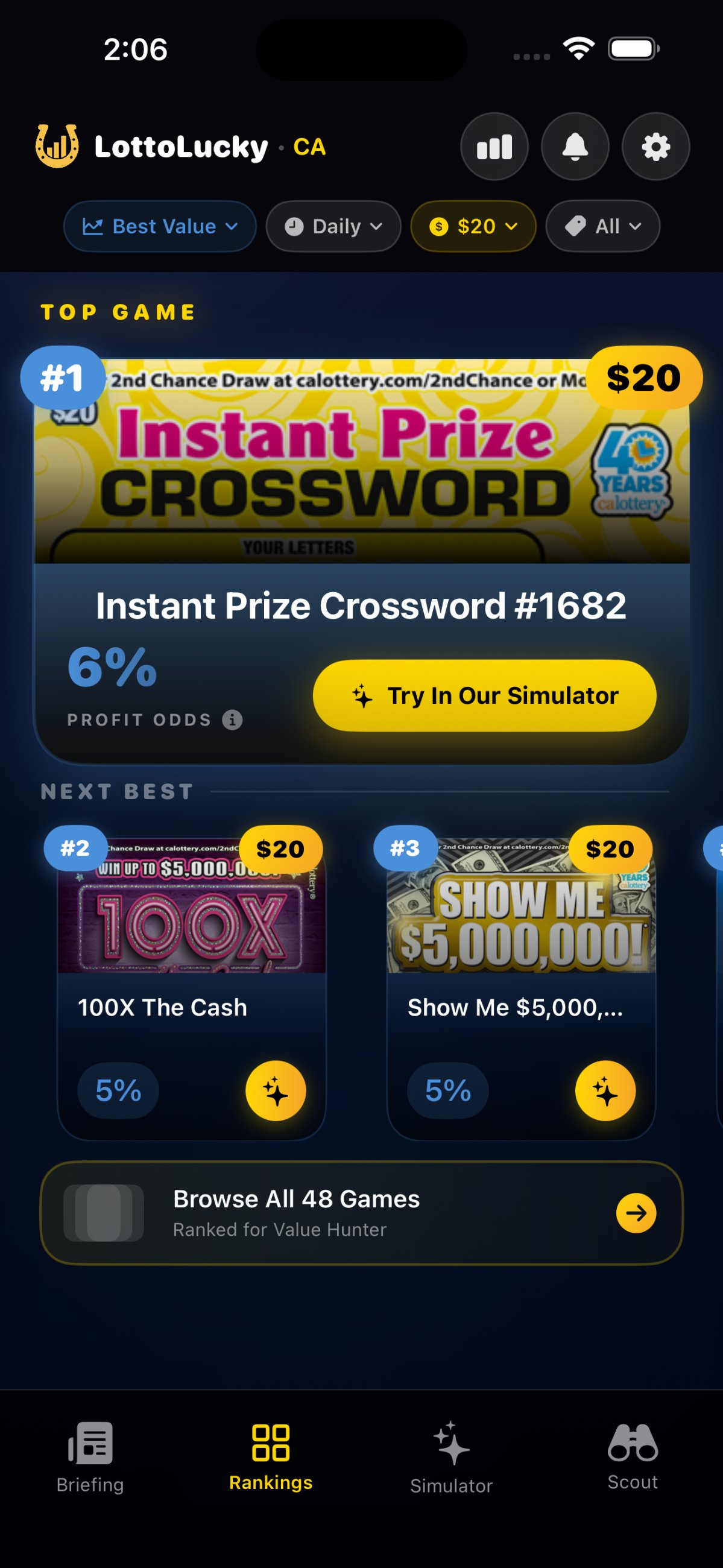 LottoLucky top scratch-off pick of the day, ranked for your play style