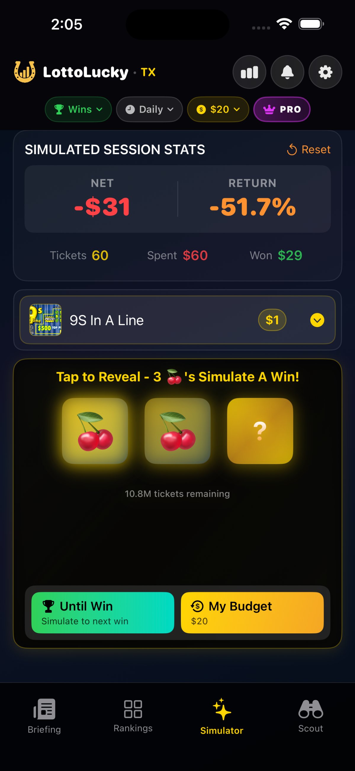 Ticket simulator — mid-scratch with realistic running session totals